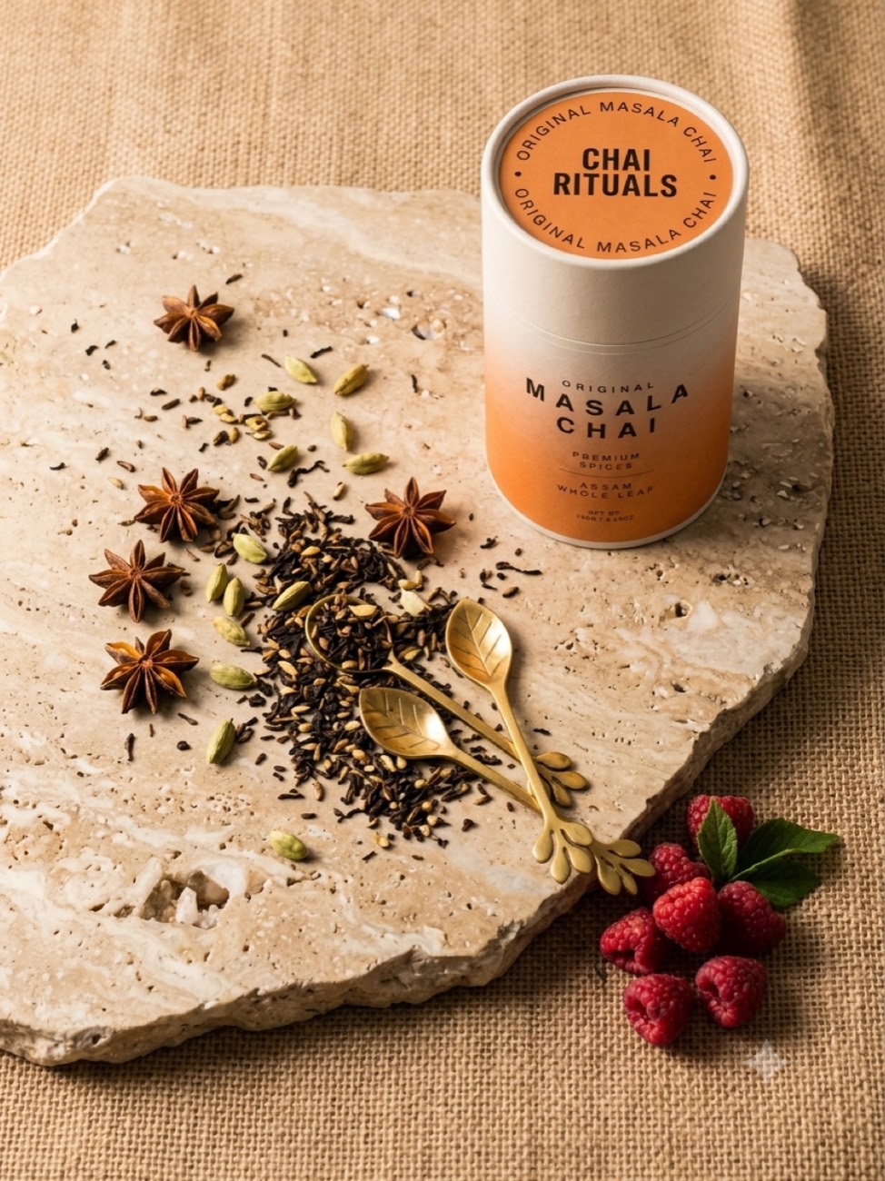 Whole spices and leaf laid out on stone