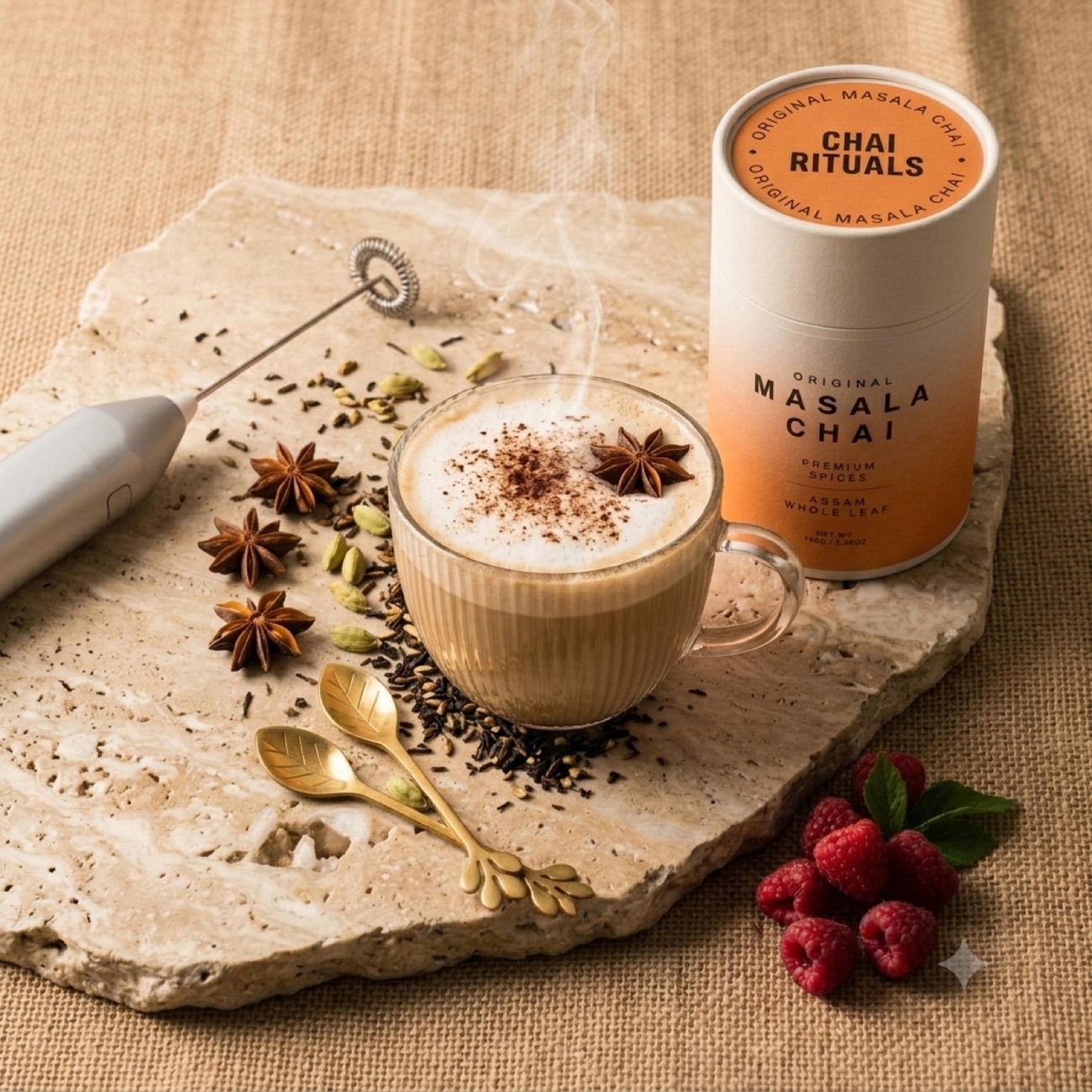 A chai latte, steaming, beside the tube