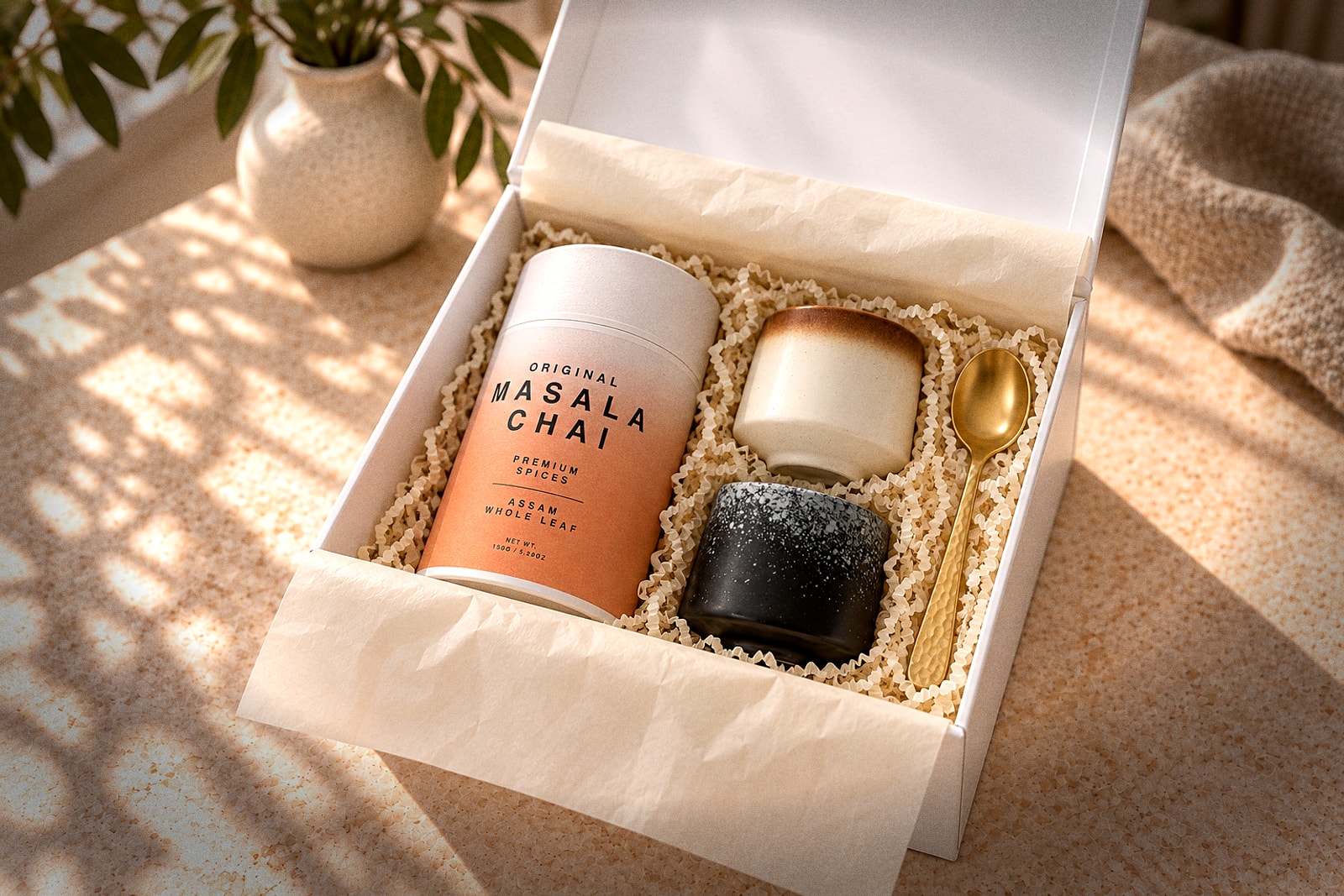 The Chai Ritual gift box open: masala chai tube, two ceramic cups and a golden spoon